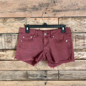 American Eagle Fringe Denim Shorts in Burgundy